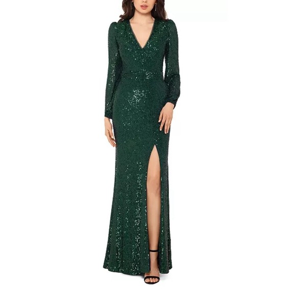 XSCAPE Women's Sequinned High-Slit Evening Gown‎ Hunter Green Size 4 - Picture 1 of 9